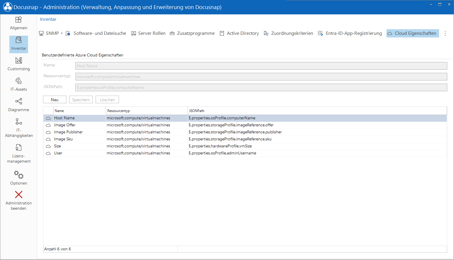 Docusnap Administration Inventar Azure Cloud-Eigenschaften