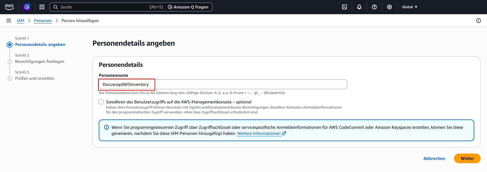 Docusnap AWS Umgebung Person anlegen