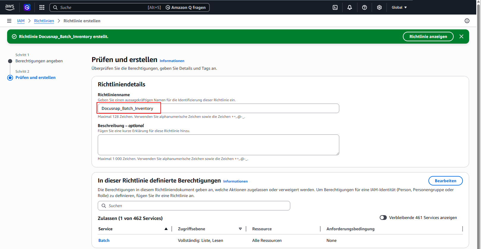 Docusnap AWS Umgebung Richtlinie prüfen Name