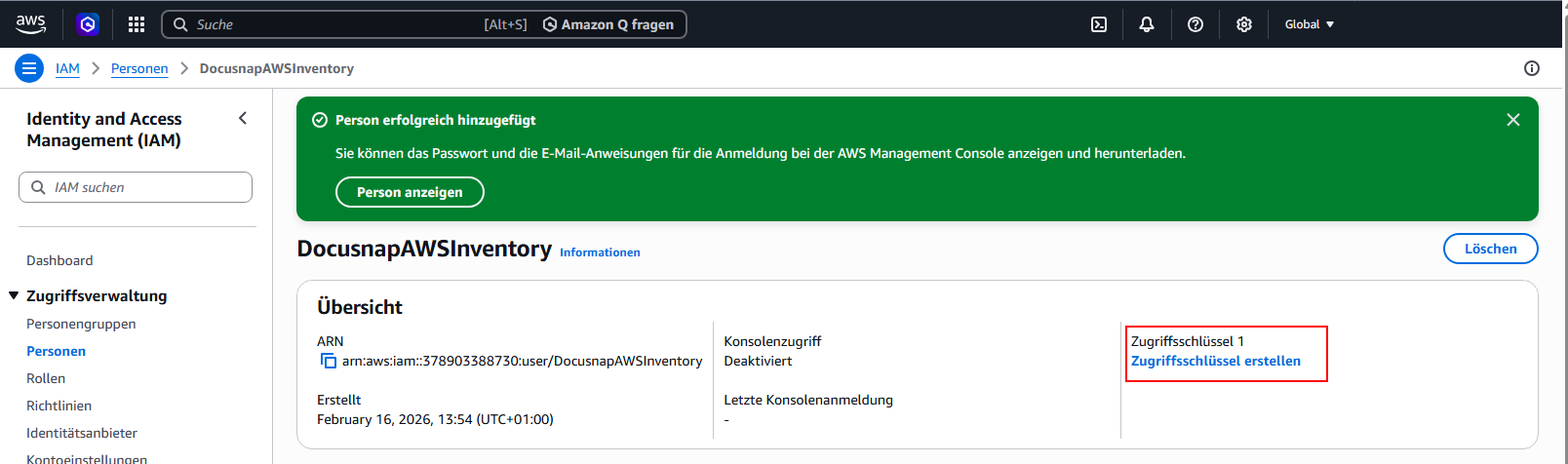 Docusnap AWS Vorbereitung Person Zugriffschlüssel erstellen