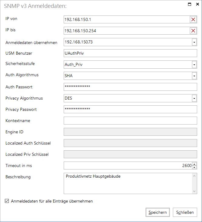 Docusnap Inventarisierung SNMP V3 IP-Bereich Informationen