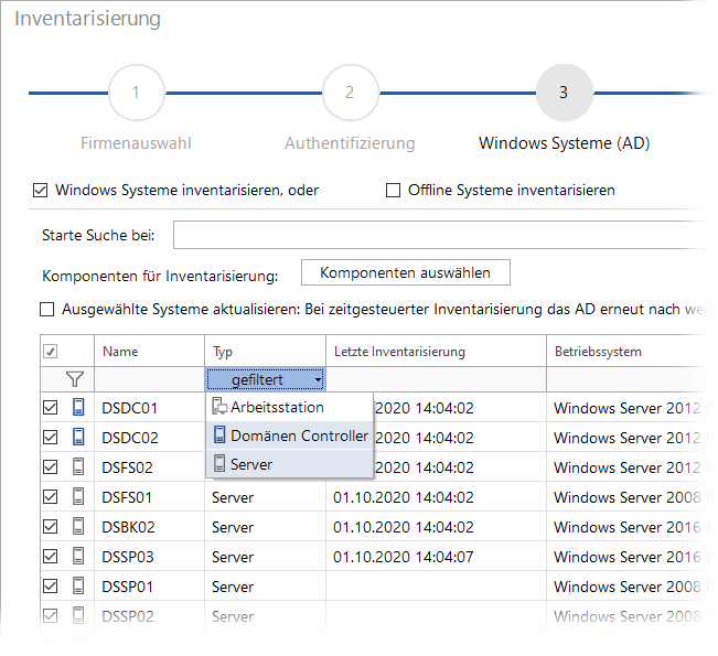 Docusnap Inventarisierung WIndows Systeme-Filter
