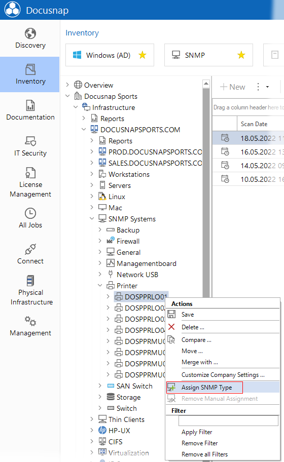 Docusnap Inventory Manually Assign SNMP Type